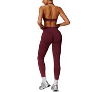 Odizli Gym Sets for Women 2 Piece Ladies Halter Neck Shock Absorber Sports Bra Top + High Waisted Compression Scrunch Bums Leggings Outfit Yoga Workout Fitness Running Exercise Activewear Wine Red XS