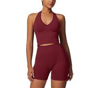 Odizli Gym Sets for Women 2 Piece Seamless Halter Neck V Neck Sports Bra Top + High Waisted Cycling Shorts Co Ord Outfit Ladies Yoga Workout Fitness Clothes Running Exercise Activewear Wine Red L