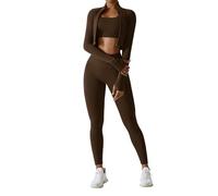 Odizli Gym Sets for Women 3 Piece Seamless Sports Bra Top + High Waisted Scrunch Bums Leggings + Long Sleeve Cropped Jacket Outfit Yoga Workout Fitness Running Exercise Activewear Brown XS