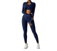 Odizli Gym Sets for Women 3 Piece Seamless Sports Bra Top + High Waisted Scrunch Bums Leggings + Long Sleeve Cropped Jacket Outfit Yoga Workout Fitness Running Exercise Activewear Dark Blue XS