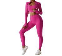 Odizli Gym Sets for Women 3 Piece Seamless Sports Bra Top + High Waisted Scrunch Bums Leggings + Long Sleeve Cropped Jacket Outfit Yoga Workout Fitness Running Exercise Activewear Hot Pink XL