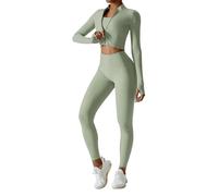 Odizli Gym Sets for Women 3 Piece Seamless Sports Bra Top + High Waisted Scrunch Bums Leggings + Long Sleeve Cropped Jacket Outfit Yoga Workout Fitness Running Exercise Activewear Green S