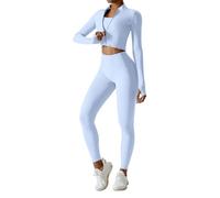 Odizli Gym Sets for Women 3 Piece Seamless Sports Bra Top + High Waisted Scrunch Bums Leggings + Long Sleeve Cropped Jacket Outfit Yoga Workout Fitness Running Exercise Activewear Sky Blue M