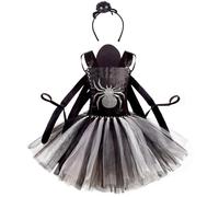 Odizli Kids Girls Spider Crochet Tulle Tutu Dress + Headband + Spider Wing 3PCS Outfits World Book Day Black 11-12 Years