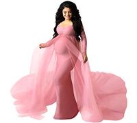 Odizli Maternity Photoshoot Dress Women Elegant Long Sleeve Off The Shoulder Fall Fitted Pregnancy Tulle Chiffon Wedding Beach Maxi Mermaid Long Gown Baby Shower Dress Photography Plus Size Pink M