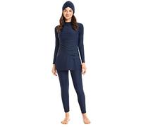 Odizli Muslim Swimsuits for Women Long Sleeve Burkini Full Cover Patchwork Conservative Modest Swimwear Bathing Suit Sport Top+Long Swim Pants+Hijab 3pcs Islamic Clothes Navy Blue XXL