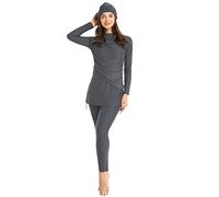 Odizli Muslim Swimsuits for Women Long Sleeve Burkini Full Cover Patchwork Conservative Modest Swimwear Bathing Suit Sport Top+Long Swim Pants+Hijab 3pcs Islamic Clothes Dark Gray XL