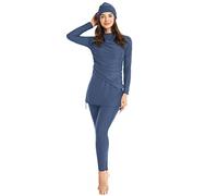 Odizli Muslim Swimsuits for Women Long Sleeve Burkini Full Cover Patchwork Conservative Modest Swimwear Bathing Suit Sport Top+Long Swim Pants+Hijab 3pcs Islamic Clothes Haze Blue M