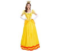 Odizli Princess Peach Costume Adult Women Themed Party Fancy Dress Up Short Puff Sleeve Long Dress + Gloves + Crown 3Pcs Fairy Outfit Halloween Christmas Carnival Cosplay Yellow M
