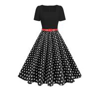 Odizli Rockabilly Dresses Women's Vintage 50s Square Neck Polka Dot Flowers Swing Knee-Length Cocktail Dress with Belt, black, M