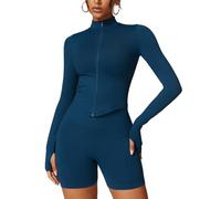 Odizli Running Jacket Women Long Sleeve Full Zip Up Basics Breathable Crop Top T-Shirt Ladies Gym Workout Yoga Fitness Exercise Tee Shirts with Thumb Holes Activewear Clothes Blue M