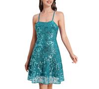 ODIZLI Short Prom Sequin Dresses for Teens Skater Dress for Women Spaghetti Straps Sparkly A Line Swing Dresses, Peacock Blue, M