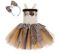 Odizli Stone Age Costume Girls Kids Cavegirl Caveman Fancy Dress Up Leopard Print Crochet Tulle Tutu Dress + Headband Outfits World Book Day Halloween Carnival Cosplay Brown 5-6 Years