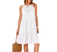 Odizli Summer Dresses for Women UK Elegant Spring Halter Neck Boho Bohemian Lace Ruffle A Line Knee Length Short Tunic Tshirt Shirt Shirred Sun Dress Ladies Holiday Beach Sundress Plus Size White XXL