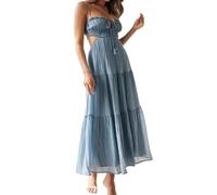 Odizli Summer Dresses for Women UK Spaghetti Strap Strappy Sexy Backless Boho Ruffle A Line Midi Maxi Long Flowy Sun Dress Ladies Wedding Guest Beach Casual Holiday Festival Sundress Blue M