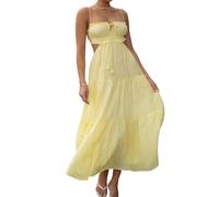 Odizli Summer Dresses for Women UK Spaghetti Strap Strappy Sexy Backless Boho Ruffle A Line Midi Maxi Long Flowy Sun Dress Ladies Wedding Guest Beach Casual Holiday Festival Sundress Yellow S