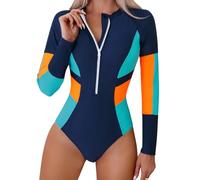 Odizli Swimming Costume Women Long Sleeve Zipper Zip Up One Piece Swimsuit Ladies Muslim Full Body Burkini Modest Swimwear Rash Guard Neoprene Bathing Suits Surf Wet Wetsuit Navy Blue Orange S