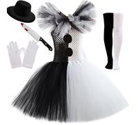 Odizli Terrifier Costume Kids Girls Scary Killer Clown Fancy Dress Up Tulle Tutu Dress + Hat + Knife + Gloves + Stockings Outfit Halloween Cosplay Black White 6-7 Years