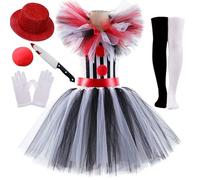 Odizli Terrifier Costume Kids Girls Scary Killer Clown Fancy Dress Up Tulle Tutu Dress + Hat + Knife + Gloves + Stockings Outfit Halloween Cosplay Black Red 2-3 Years