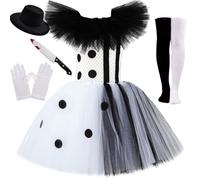 Odizli Terrifier Costume Kids Girls Scary Killer Clown Fancy Dress Up Tulle Tutu Dress + Hat + Knife + Gloves + Stockings Outfit Halloween Cosplay White Black 6-7 Years