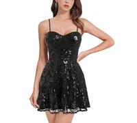 ODIZLI Women's Spaghetti Straps Sparkly Sequins A Line Swing Party Nightclub Dance Mini Dress Above Knee Length, Black, M