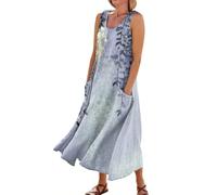 ODJOY-FAN Maxi Dresses for Women 2024 Round Neck Print Cotton Linen Dress with Pockets Flowy Vacation Sleeveless Dresses Romper Maxi Dress for Women Summer Light Blue Tank Dress(4-Blue,XL)
