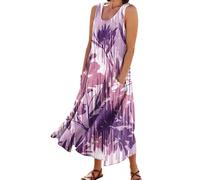 ODJOY-FAN Sun Dresses for Women Casual Vacation Sleeveless Print Dresses Cotton Linen Round Neck Flowy Dress with Pockets Maxi Dress Women Summer Casual White Dress Women Elegant(6-Purple,3XL)
