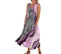 ODJOY-FAN Women 2024 Fashion Casual Cotton Linen Vacation Flowy Dress with Pockets Sleeveless Print Round Neck Dresses Womens Bohemian Dresses with Pockets Dark Green Dress（3-Light Pink,3XL）