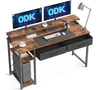 ODK Computer Desk with Drawers, 120 x 48 cm Office Desk with Storage, Home Office Table with Monitor Stand & Shelves for Study Play Work Home Office, Rustic Brown