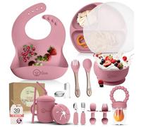 O'doe 17-Piece Baby Weaning Set | Led Weaning Supplies for Toddlers | Silicone Feeding Set BPA-Free, Bowl, Self-Eating Utensils, Spoons, Bibs, Sippy Cup, Food Plate Kit With Lid | Pink V2