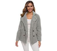 ODOKEI Womens Coat Jacket Faux Fur Coat Teddy Bear Jacket Winter Coats Fluffy Jacket Womens Wool Coats Parka Warm Faux Fur Fleece Fluffy Notch Collar Plain Button Loose Light Grey M