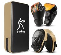 Odoland 3-in-1 Boxing Gloves Punching Mitts Kick Pack Set for Kids, Boxing Mitts Focus Pads, Taekwondo Kick Pad, Kids Boxing Gloves for Boxing, Gold