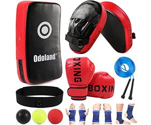 Odoland 6-in-1 Boxing Gloves Kit with Boxing Pad, Kicking Gloves, Reflex Ball, Protective Gear, Jump Rope, Boxing Set for Boxing Kickboxing Karate Muay Thai MMA Training