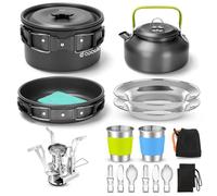 Odoland Camping Cookware Set with Foldable Stove, Non Stick Pot Pan Kettle Set with Stainless Steel Cups Plates Forks Knives Spoons for Outdoor Cooking and Picnic - Camping Cutlery Set Suit 2 People