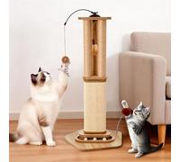 Odoland Cat Scratching Post, 86cm Tall Claw Cat Scratcher for Indoor Cats Sturdy Base with Interactive Track Ball, 360° Rotating Feather Toy, Sisal Rope Vertical Cat Scratcher Post for Large Cat