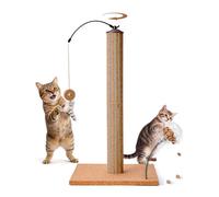 Odoland Cat Scratching Post, Claw Scratcher for Indoor Cats with Rotatable Hanging Toy & Spring Ball, Natural Cork & Cardboard Blend, Heavy Base 65cm Vertical Full Scratcher for Kitten Medium Cats