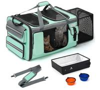 Odoland Extra Large Pet Carriers for 2 Cats Expandable Foldable Cat Travel Carrier Bag with Litter Box - Portable Dog Cat Soft-Sided Transport Carrier for Car Travel, Green