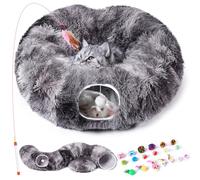 Odoland Large Cat Tunnel with Plush Bed, Multifunctional Foldable Cat Donut Tunnel Bed for Indoor with Ball & Peek Holes, Interactive Toys for Cats Kitten Puppy Rabbits - Dark Grey