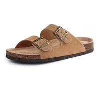 ODOLY Unisex Cork Footbed Slide Sandal, Arch Support Summer Outdoor Sandals with Adjustable Buckle for Women and Men, Yellow Brown Suede, 9 Women/7.5 Men