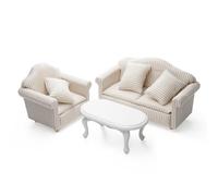Odoria 1/12 Scale Dolls House Miniature White Coffee Table Sofa and Chair Set Mini Striped Khaki Armchair Miniatures Dollhouse Furniture Accessories