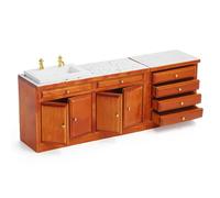 Odoria Dollhouse Kitchen Island Miniature : 1/12 Scale Table with Washbasin Drawer for Restaurant Bathroom Antique - Mini Wood Furniture Brown 2Pcs