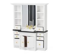 Odoria Dollhouse Mirror Cabinet Miniature: 1/12 Scale Dressing Table with Sink for Bathroom Toilet - Mini White Cupboard with Drawer Storage - Tiny Wood Furniture Modern