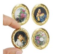 Odoria Dollhouse Wall Art Miniature: 1/12 Scale Framed Picture Oval for Victorian Vintage Living Room - Mini Painting Golden Antique for Gallery - Tiny Portrait Flower Artwork Paper 4Pcs
