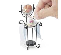 Odoria Dollhouse Washstand Set Miniature: 1/12 Scale Standing Towel Rack Holder for Victorian Vintage Bathroom Toilet Diorama - Mini Wash Tub Pitcher Ceramic with Mirror Model for DIY Craft Black Blue
