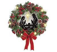 Odorkle Artificial Pre Lit Christmas Wreath Xmas Hanging for Front Door Nativity Scene with Pinecones and Red Berries for Holiday Porch Mantel Decor