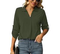 Odosalii Christmas Tops for Women Dressy Roll Up Sleeve Blouses V Neck Shirts Going Out UK Army Green Size 12 14