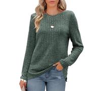 Odosalii Ladies Jumpers Fuzzy Stripes Pullover Comfy Long Sleeve Round Neck Shirts Stretchy Side Split Sweaters Plain Lightweight Relaxed Fit Green Tunic Tops Size 6 8