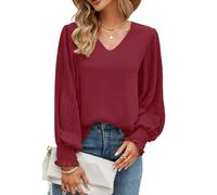 Odosalii Ladies Tops Basic V-Neck Blouses Work Shirts Plain Long Sleeve Pleated Flowy Tunic Tops for Leggings (Wine Red,Large)
