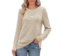 Odosalii Ladies Tops Long Sleeve Autumn Sweaters Crew Neck School Jumpers Sexy Ribbed Side Split Pullover Sweatshirts Khaki Tops Beige Size 6-8
