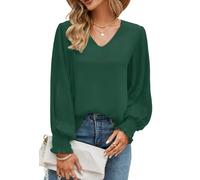 Odosalii Ladies Tops,Sexy V-Neck Elegant Plain Lantern Sleeve Casual Loose Fitting Pullover Smart Basic Shirts Tunic Tops to Wear with Leggings Dark Green